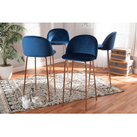 Baxton Studio BA-6-Navy Blue/Rose Gold-BS-4PC Set Addie Luxe and Glam Navy Blue Velvet Fabric Upholstered and Rose Gold Finished 4-Piece Bar Stool Set